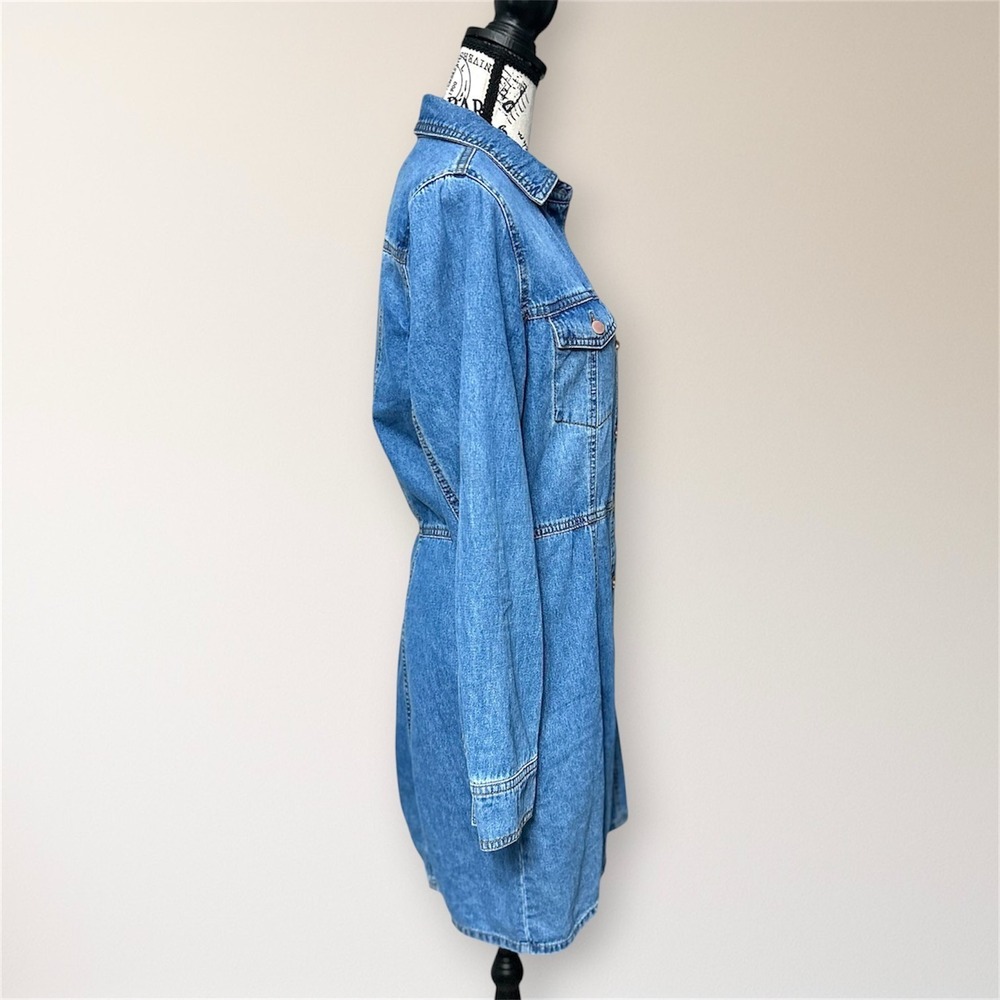 Frye Blue Denim Mini Shirt Dress Long Sleeve Pockets Button Front Western Boho S - Picture 3 of 10